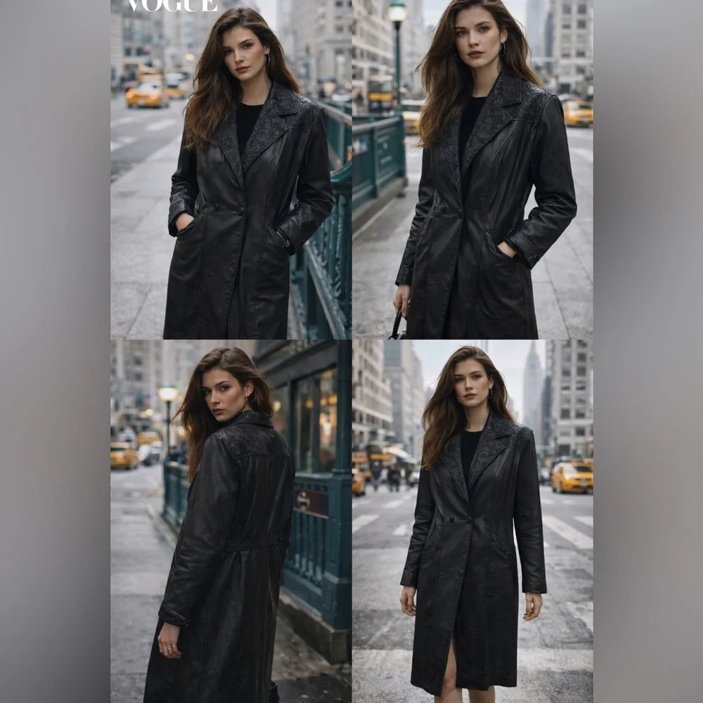 Vintage Winlit Leather Trench Coat Black Paisley Long Jacket Size M - Picture 1 of 8